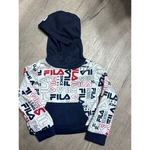 Kids Fila All Over Logo Hoodie Navy Blue White Red Size 4T